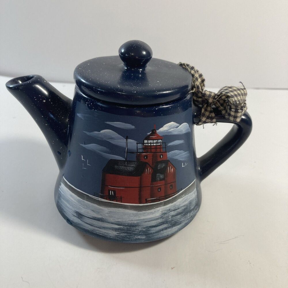 Ceramic Tea Pot Hand Painted Blue With Lighthouse